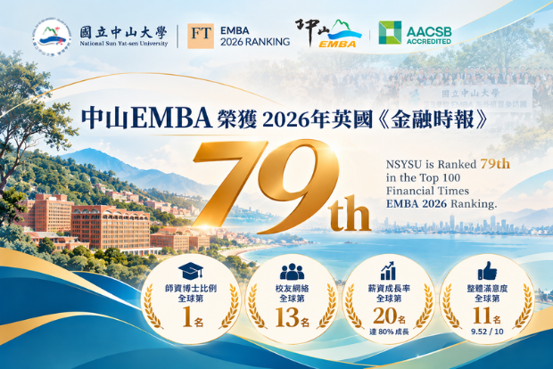 【快訊】全球百大五連霸！中山EMBA榮獲2026《金融時報》全球第79名、全台唯一入榜圖片